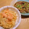 かき揚げ天丼と鶏レバーの煮物