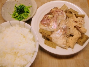 鯛のあら煮、三つ葉のおひたし