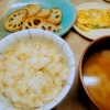 じゃこと生姜の混ぜご飯、蓮根のナンプラー炒め、三つ葉の卵焼き