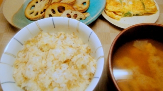 じゃこと生姜の混ぜご飯、蓮根のナンプラー炒め、三つ葉の卵焼き