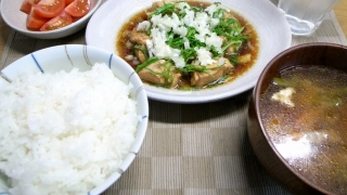 鳥胸肉のやわらか煮、エビから揚げの味噌汁