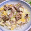 鶏ガラ丼、キュウリとオクラの酢の物