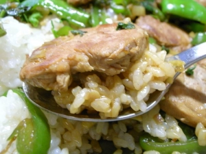 豚ヒレ肉はもちろんのこと、ナンプラーとオイスターソースのコク汁がしみたご飯も最高