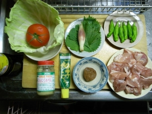 鶏もも肉、シシトウ、シソ、ミョウガ、梅干し、トマト、キャベツ、柚胡椒、すりおろしニンニク、醤油