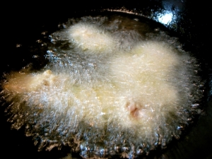 薄く片栗粉をつけて、１８０度の油で揚げる