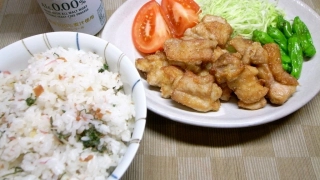鶏唐揚げ柚胡椒風味、梅シソミョウガの混ぜご飯