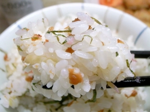 梅干しの適度な塩気と酸味が、ミョウガとシソを引き立てる