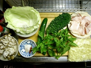 ゴーヤ、バジル、鶏肉、キュウリ、キャベツ、ぶなしめじ、ニンニク、唐辛子、焼きそば麺