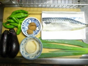 塩鯖、長ネギの青い葉の部分、生姜、味噌、茄子、シシトウ