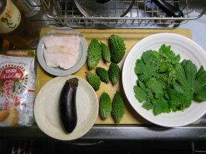 ゴーヤの実mini、ゴーヤの葉と新芽、茄子、鶏胸肉（炊飯器調理済み）、天ぷら粉、白だし