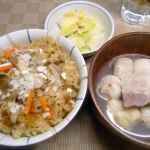 舞茸の炊き込みご飯、里芋と塩豚の煮物
