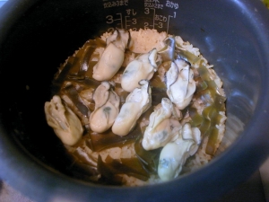 ご飯が炊けたら牡蠣をのせて、フタをして１０分間蒸らす