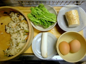 牡蠣の炊き込みご飯、卵、長ネギ、長芋、菜の花