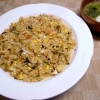 牡蠣チャーハン、長芋と菜の花の味噌汁