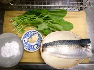 鯖、サラダほうれん草、新生姜、片栗粉