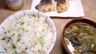 芹ご飯、さわらの西京焼き、オクラの味噌汁