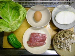 豚ヒレ肉、ぶなしめじ、新タマネギ、卵、キャベツ、ピーマン