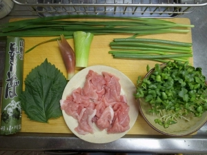 豚肉、かいわれ大根、ニラ、ニンニクの芽、ミョウガ、シソ、長ネギ