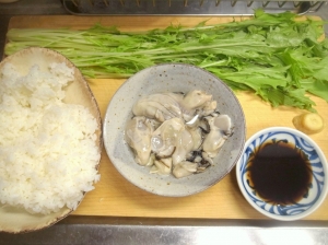 牡蠣、水菜、ご飯、生姜、オイスターソース、醤油、日本酒