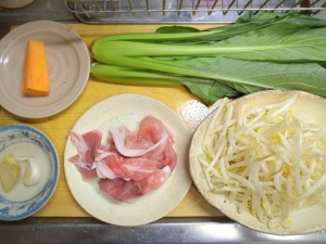 豚肉、小松菜、もやし、ニンジン、生姜、ニンニク
