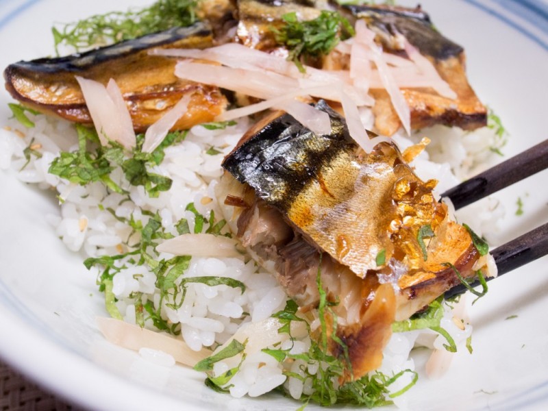 脂ノリノリの塩鯖と、新生姜とシソでさっぱりご飯