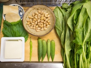 ほうれん草、蒸し大豆、オクラ、木綿豆腐、青唐辛子、シソ、ぬか漬け