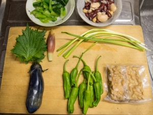 テンペ、ししとう、万能ねぎ、小松菜、ミョウガ、シソ、豆、茄子のぬか漬け