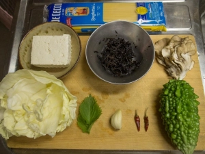 ゴーヤ、ひじき、ぶなしめじ、キャベツ、シソ、木綿豆腐、パスタ
