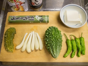 ゴーヤ、ししとう、天ぷら粉、柚子豆腐、エシャレット、ゴーヤのぬか漬け
