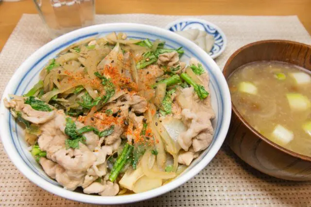 豚とごぼうと春菊の丼