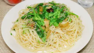 菜の花とちりめんじゃこ高菜漬けのパスタ