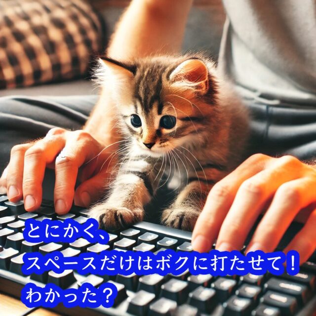 子猫がキーボードを一緒に売っているイラスト「とにかく、スペースだけはボクに打たせて！わかった？」