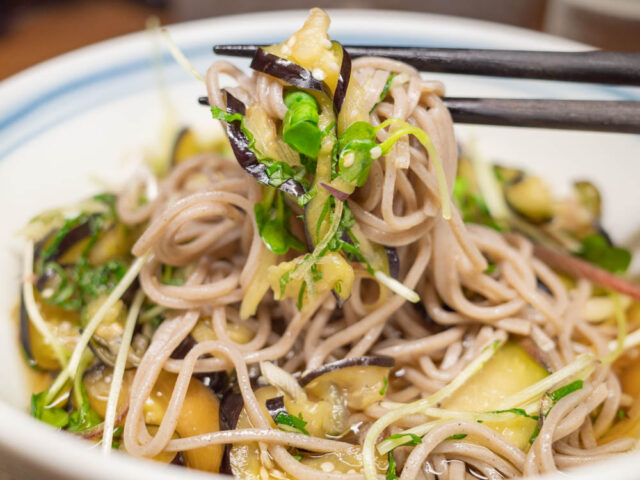 蕎麦と薬味を箸で持ち上げた写真