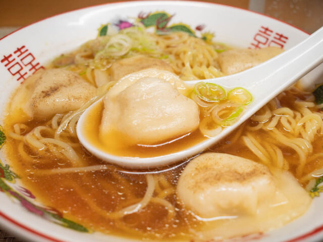 餃子とスープと長ねぎをレンゲですくった写真