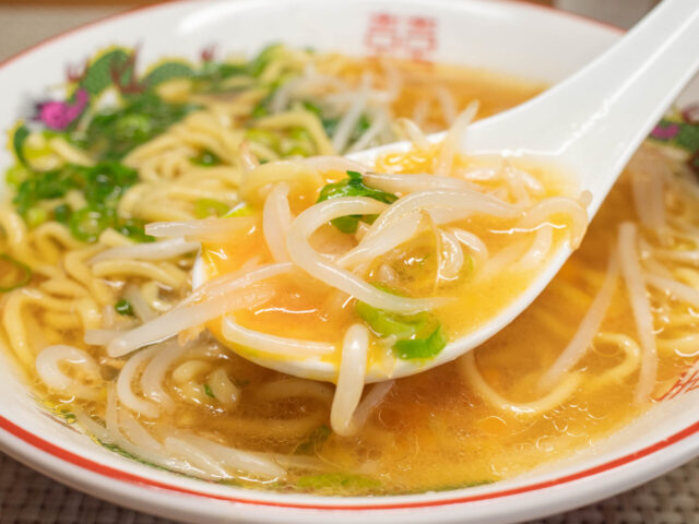 もやしとスープをレンゲですくった写真