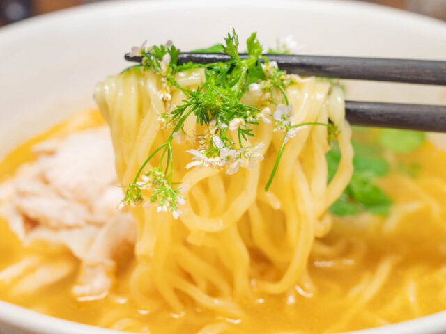 麺とパクチーを箸で持ち上げた写真