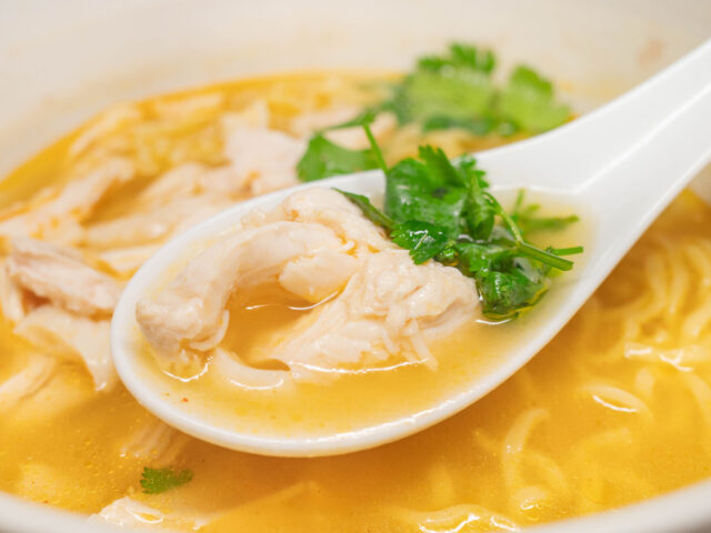 茹で鶏、パクチー、スープをレンゲですくった写真