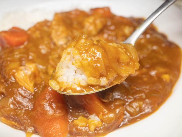 カレーライスをスプーンにのせた写真